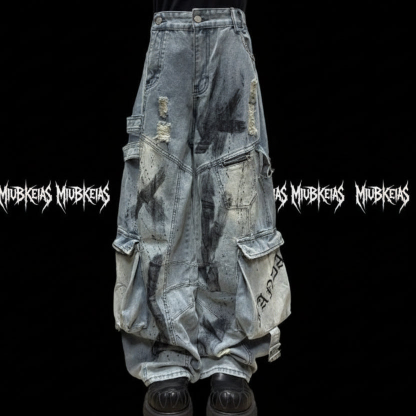 Graffiti Splatter Ripped Wide-Leg Jeans Primordials