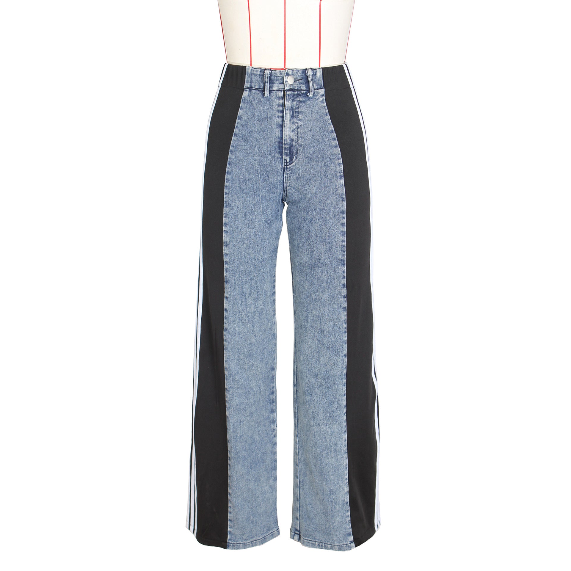 Three-Stripe Patchwork High-Waist Wide-Leg Denim Pants