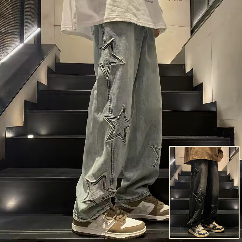 Star Embroidery Wide-Leg Gothic Denim Jeans