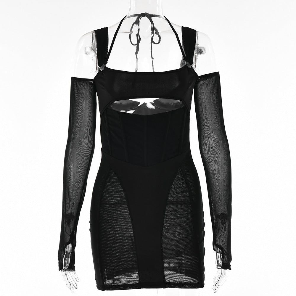 Backless Mesh See-Through Sling Bodycon Dress