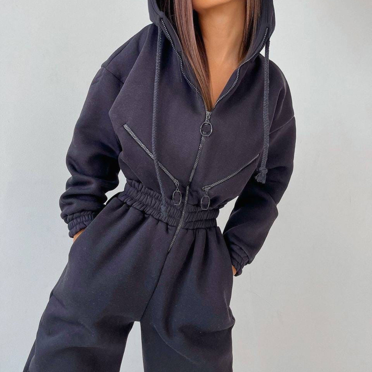 Zipper Drawstring Hoodie Two-Piece Set
