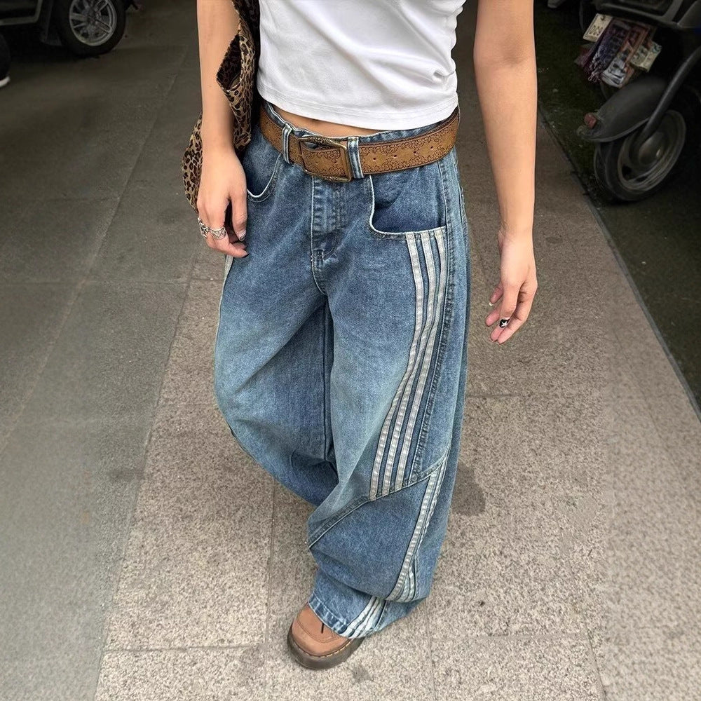Retro Striped Wide-Leg Denim Pants Primordials