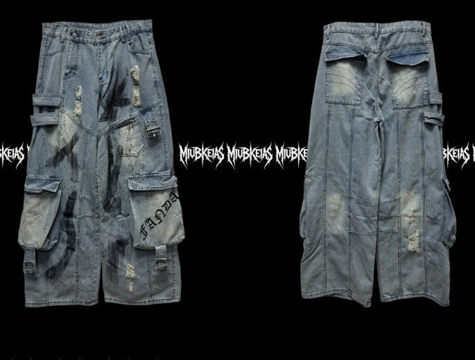 Graffiti Splatter Ripped Wide-Leg Jeans Primordials