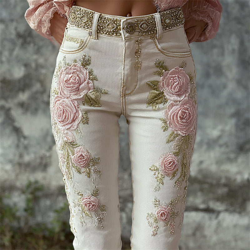 3D Floral Print Wide-Leg Denim Jeans
