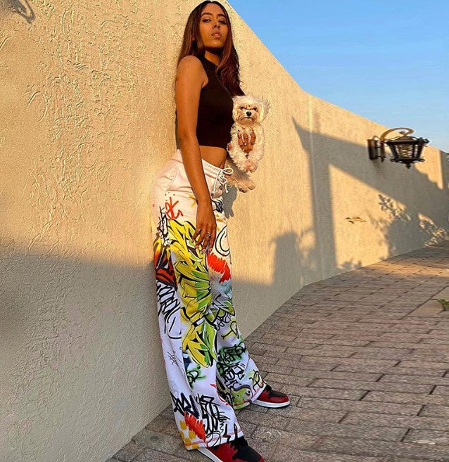 Spray Paint Print High-Waist Wide-Leg Pants Primordials