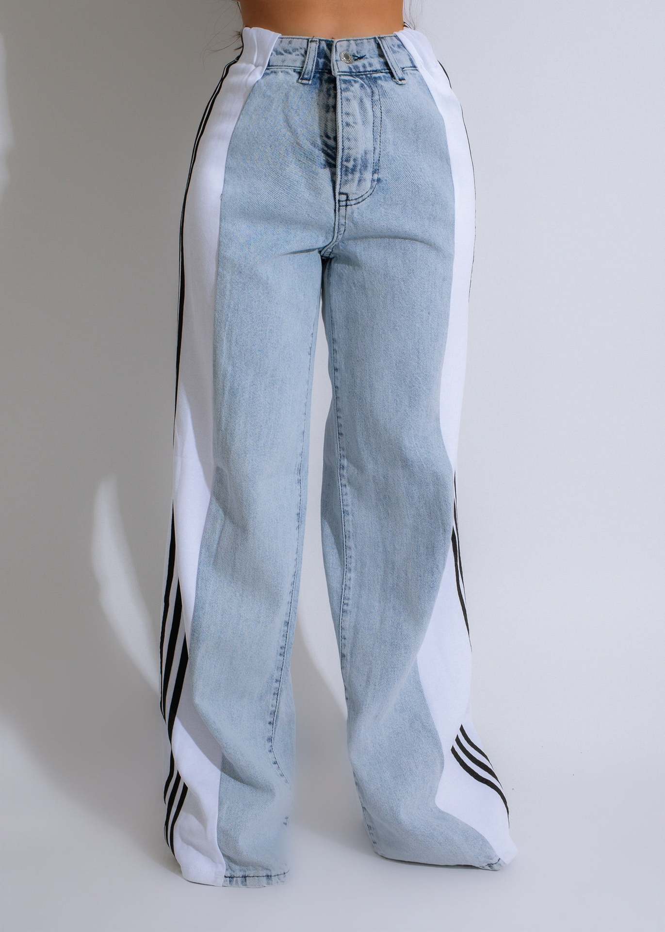 Three-Stripe Patchwork High-Waist Wide-Leg Denim Pants