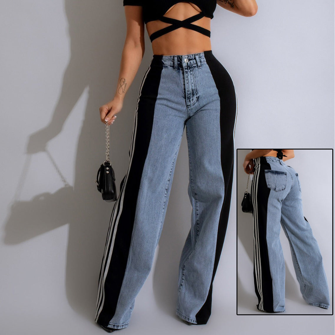 Three-Stripe Patchwork High-Waist Wide-Leg Denim Pants