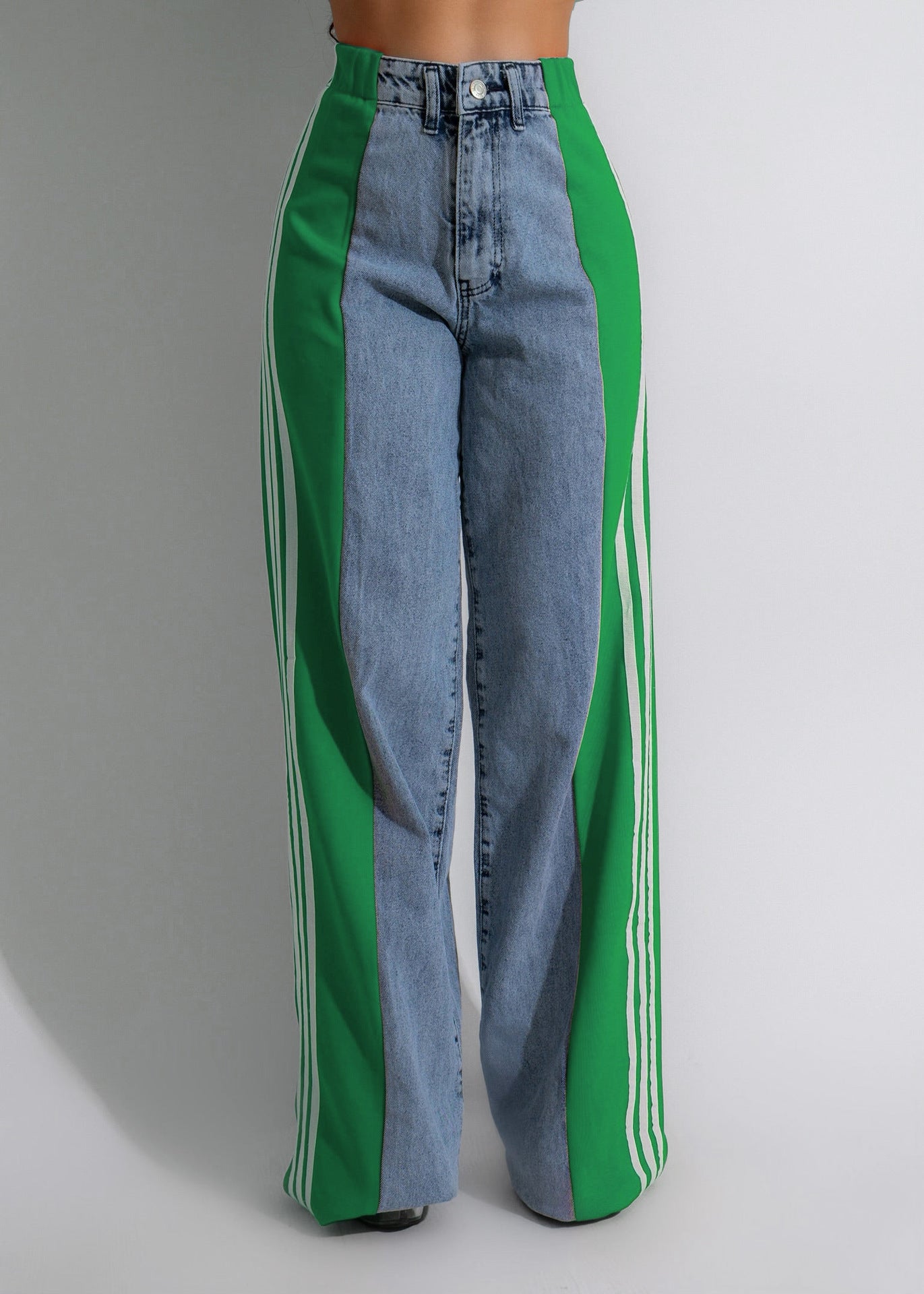Three-Stripe Patchwork High-Waist Wide-Leg Denim Pants