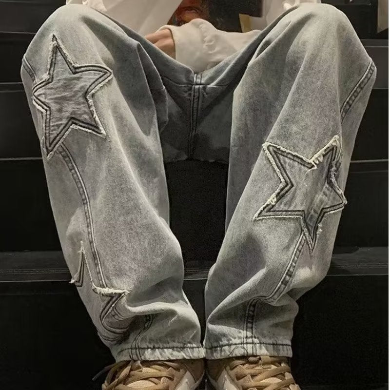 Star Embroidery Wide-Leg Gothic Denim Jeans